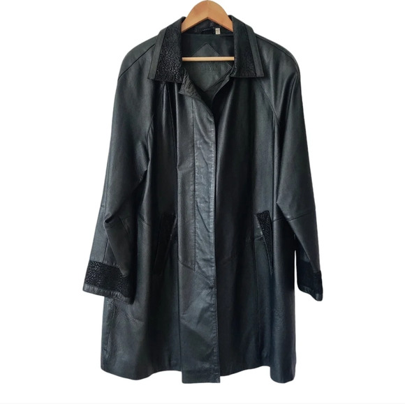 Vintage 90s PRESTON & YORK Leather Jacket L Stamped Animal Print Button Black - Picture 1 of 16